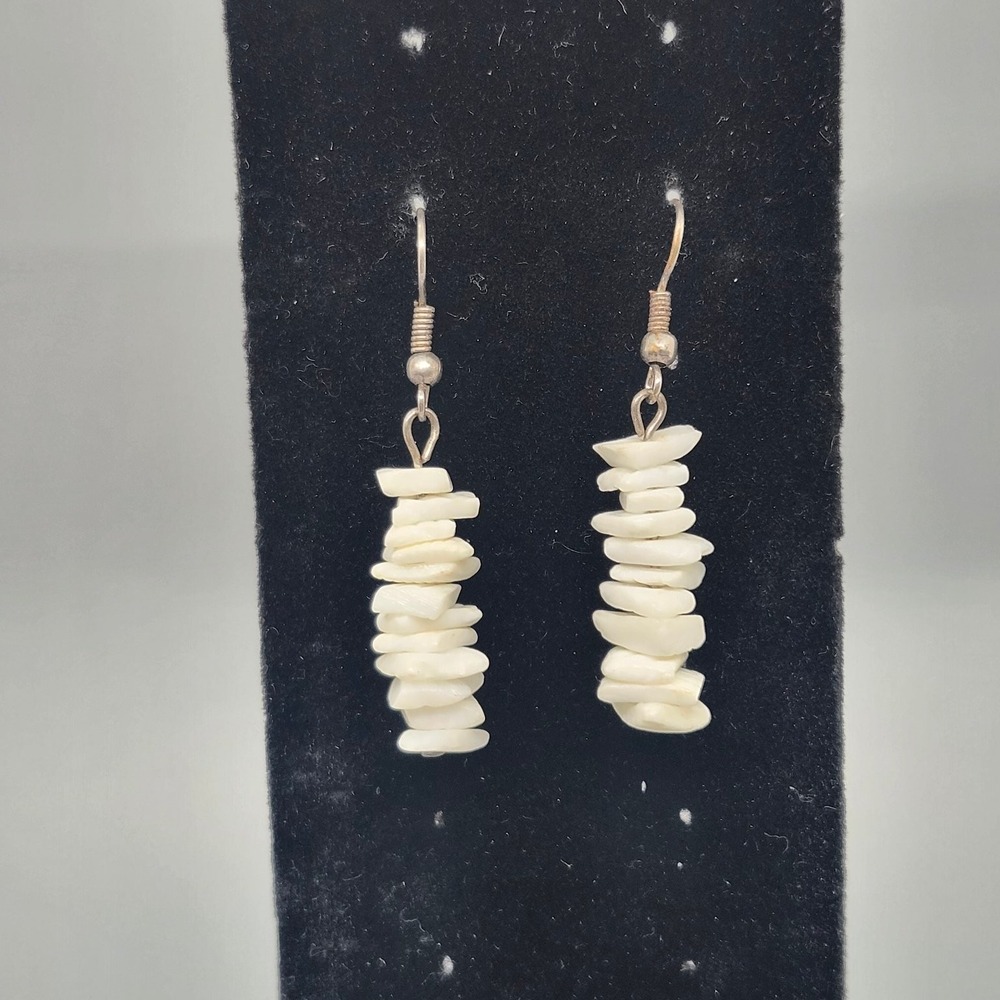 Coastal Shell Chip Dangle Earrings Approx 1.75" Drop White Stone Bohemian Style